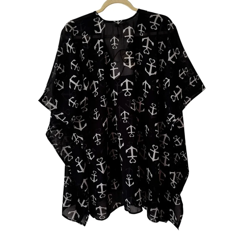 NWT‎ Zuécar Navy Anchor Heart Print Sheer Kimono Cover Up Kaftan Top F/S